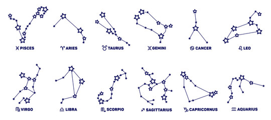 Set of Zodiac signs, stars, constellations blue color on a white background. Logo, tattoo or illustration. Astrological forecast, horoscope for a single sign.