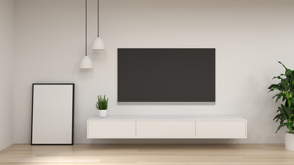  modern Tv wood cabinet in empty room interior background  3d rendering home designs, clean background shelves and books on the desk in front of wall empty wall