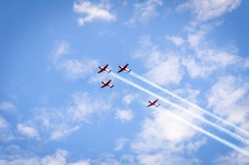 TEL AVIV, ISRAEL. May 9, 2019. Four Beechcraft T-6 Texan II turboprop airplanes flying over the Tel Aviv coast during the annual flyby on the occasion of the 71 Israel Independence Day concept. 