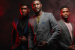© alfa27 - Band of confident popular african musicians or singers in fashionable classy wear making poster for musical magazine cover, posing before camera in studio