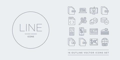 Wall Mural - 16 line vector icons set such as hyperlink, image seo, java, js, keyboard and mouse contains landing
