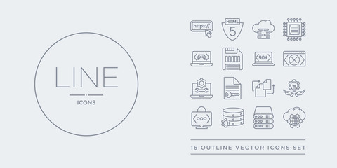 Wall Mural - 16 line vector icons set such as cyberspace, data storage, database, developer, development contains
