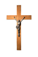 Crucifix of Jesus Christ on a wooden cross isolated on white background.