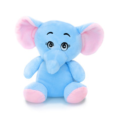 Wall Mural - Elephant plushie doll isolated on white background with shadow reflection. Elephant plush stuffed puppet on white backdrop. Jumbo plushie toy. Colored stuffed elephant toy. Blue and pink elephant.