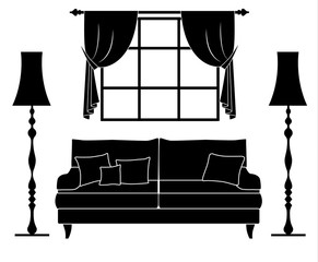 Wall Mural - Silhouette of the interior with furniture. Vector living room stencil. Black and white room.