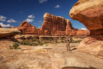 Poster - Hiker in Canyonlands National park, needles in the sky, in Utah, USA