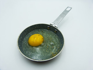 Fried egg in a frying pan on a white background