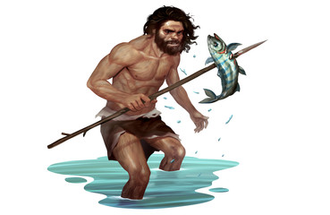 illustration of caveman catching fish with simple spear