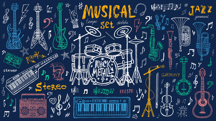 Funny cool sketch set, theme music party, doodle style lettering, musical notes, instruments slogan graphic art for t shirt design print posters. Hand drawn vector illustration.