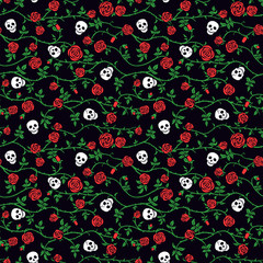 Skull floral seamless pattern with red climbing curly rose and thorn. Fabric dark flower background, vector. Gothic, Day of Dead or halloween holiday. Dia de muertos texture. Cute funny death's head