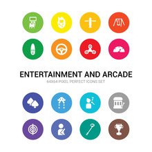 16 Entertainment And Arcade Vector Icons Set Included Score, Selfie Stick, Shooter, Shooting Game, Slot Machine, Soprano, Space Invaders, Spades, Speedometer, Spinner, Steering Wheel Icons