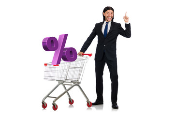 Man in sale and discount shopping concept