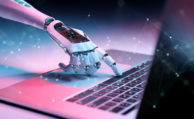 Fototapete - Robotic hand pressing a keyboard on a laptop 3D rendering