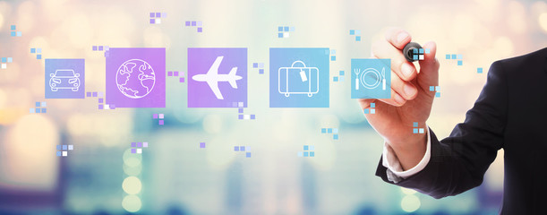 Wall Mural - Airplane travel theme with businessman on blurred abstract background