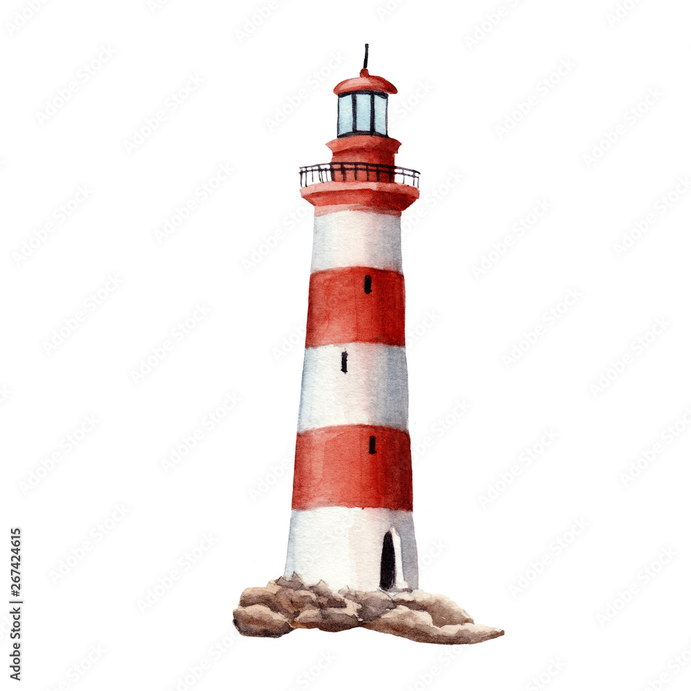 hand drawn watercolor lighthouse isolated on white background - obrazy, fototapety, plakaty 