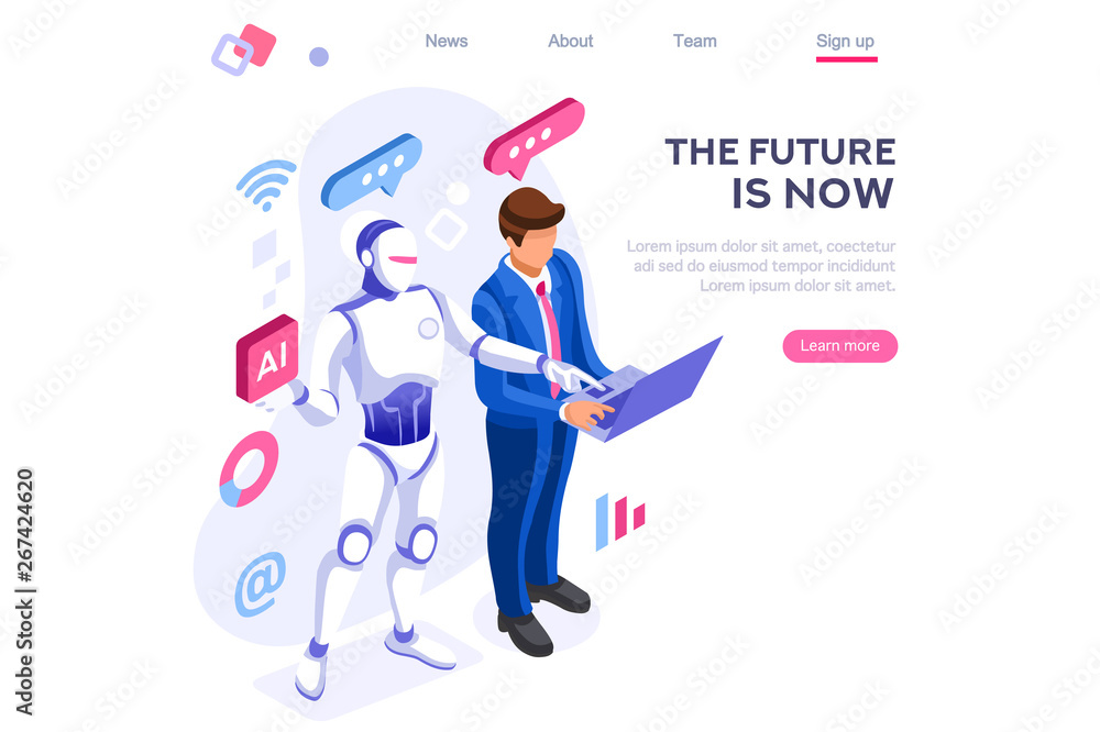 Human interactive tech interaction. Images of robot human working at office, can use for web banner, infographics, hero images. Flat isometric vector illustration isolated on white background - obrazy, fototapety, plakaty 