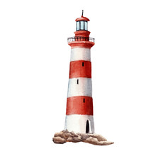 Hand Drawn Watercolor Lighthouse Isolated On White Background