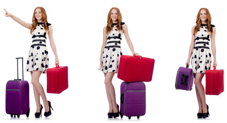 Beautiful woman in polka dot dress with suitcases isolated on wh