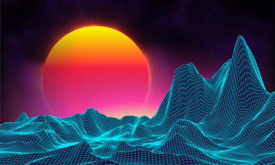 Wall Mural - retro background futuristic landscape 1980s style. digital retro landscape cyber surface. retro musi