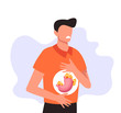 Man character holding abdomen and feel pain. Heartburn and stomach problems concept. Vector flat cartoon graphic design illustration