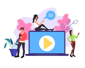 Wall Mural - People watching video by internet. Online tutorials concept. Vector flat cartoon graphic design illustration