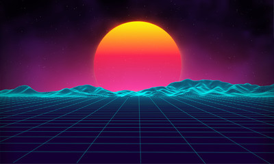 Wall Mural - retro background futuristic landscape 1980s style. digital retro landscape cyber surface. retro musi