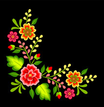 Mexican Colorful Bright Floral Corner Decoration On Black Background