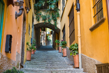 Old Picturesque Street With Amazing View In Beautiful Bellagio, Como Lake, Italy
