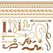 Chain and belt elements. Golden braid leather strap and furniture, fashion ornamental elements. Vector vintage elegant baroque bracelets and buckles