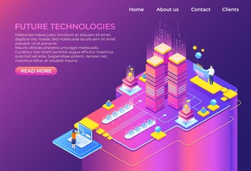Isometric technology concept. Business 3D background, modern infographic design, futuristic web page. Vector isometric landing page system computer
