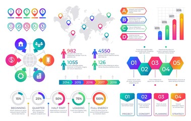 Poster - Infographic chart. Timeline graph elements with flow diagrams and percent line bars, business process graph. Vector presentation flowchart set
