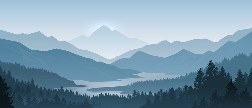 Wall Mural - Realistic mountains landscape. Morning wood panorama, pine trees and mountains silhouettes. Vector forest hiking background