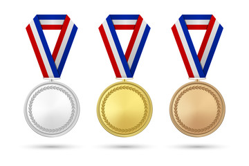 Vector 3d Realistic Gold, Silver and Bronze Award Medal Icon Set with Color Ribbons Closeup Isolated on White Background. The First, Second, Third Place, Prizes. Sport Tournament, Victory Concept