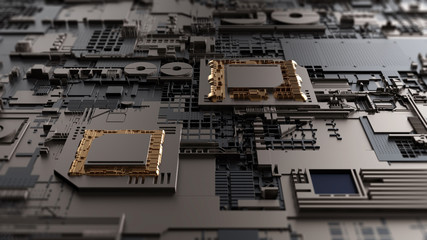 Printed circuit board futuristic server/Circuit board futuristic server code processing. Orange,  green, blue technology background with bokeh. 3d rendering