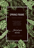Fototapeta Kwiaty - Vector frame template with tropical leaves on black background. Vertical layout card with place for text. Spring or summer design for invitation, wedding, party, promo events.