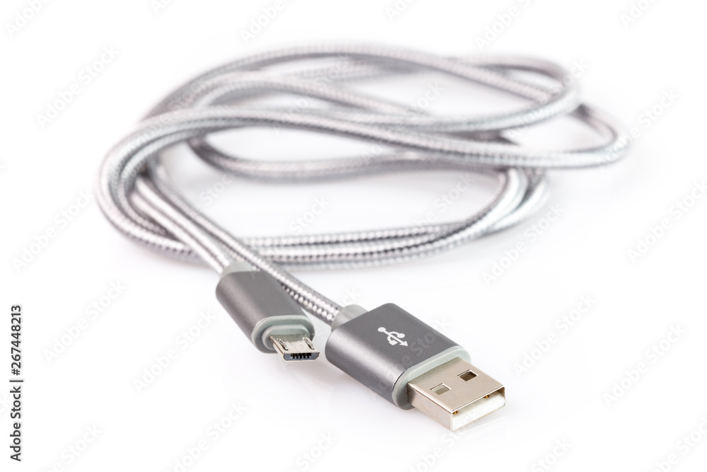 USB Data & Power Cable isolated on White Background. Close up - obrazy, fototapety, plakaty 