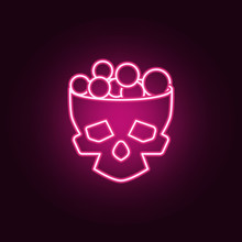 Halloween Skull Bucket Filled With Sweets And Candy For Halloween Night Neon Icon. Elements Of Halloween Set. Simple Icon For Websites, Web Design, Mobile App, Info