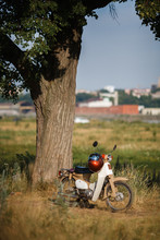 Classic Beautiful Vintage Moped In Retro Style With A Round Spotlight Parked Under A Big Tree In A Field Near A River On A Warm Sunny Summer Day