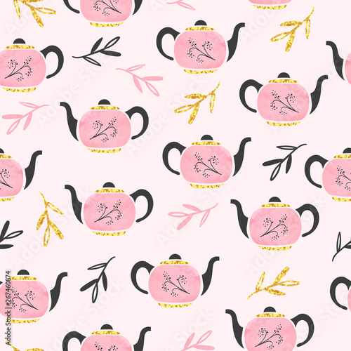 Seamless watercolor pink teapot pattern. Vector tea background.