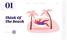Man Relax In Hammock With Coconut In Hands. Summer Time Leisure On City Beach. Male Character Lounging On Resort Seaside, Rest Website Landing Page, Web Page. Cartoon Flat Vector Illustration, Banner