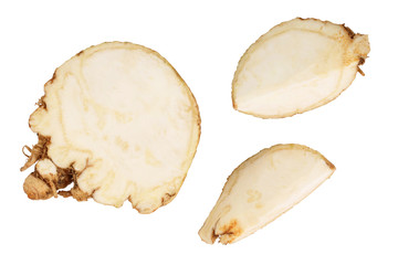 Fresh slice celery root isolated on white background. Top view. Flat lay.