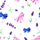 Fototapeta Motyle - Seamless background with blue flowers, lavender leaves and silk bows. Delicate background for textiles, packaging, Wallpapers and original design ideas.