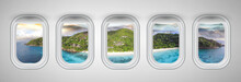 Seychelles At Sunset As Seen Through Five Aircraft Windows. Holiday And Travel Concept