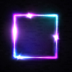 Wall Mural - realistic 3d square shape neon sign for decoration, covering on black brick wall background. rectang