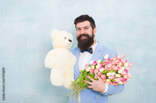 Spring Bouquet 8 Of March Bearded Man In Bow Tie With Tulip