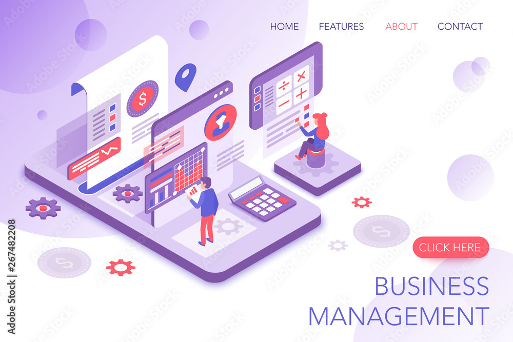 Financial management, corporate statistics, business marketing modern 3d isometric vector website landing page template. People interacting with virtual screen charts and analyzing statistics. - obrazy, fototapety, plakaty 
