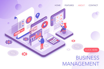 Aufkleber - Financial management, corporate statistics, business marketing modern 3d isometric vector website landing page template. People interacting with virtual screen charts and analyzing statistics.