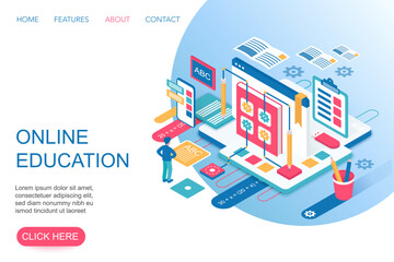 Aufkleber - Online Education, training courses, internet university specialization 3d isometric landing website page template vector illustration.