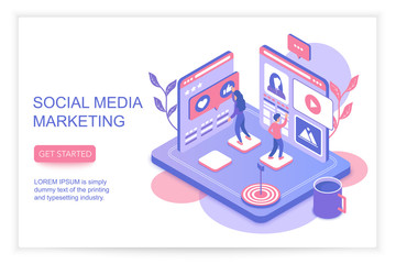 Poster - Social media marketing infographics concept with people 3d isometric landing website page template vector illustration.