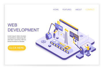 Poster - Web development and design infographics. Desktop website and mobile website concept with people 3d isometric landing website page template vector illustration.